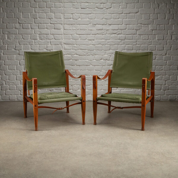 Pair of Kaare Klint Safari Chair Sage Green Canvas, Denmark 1960s