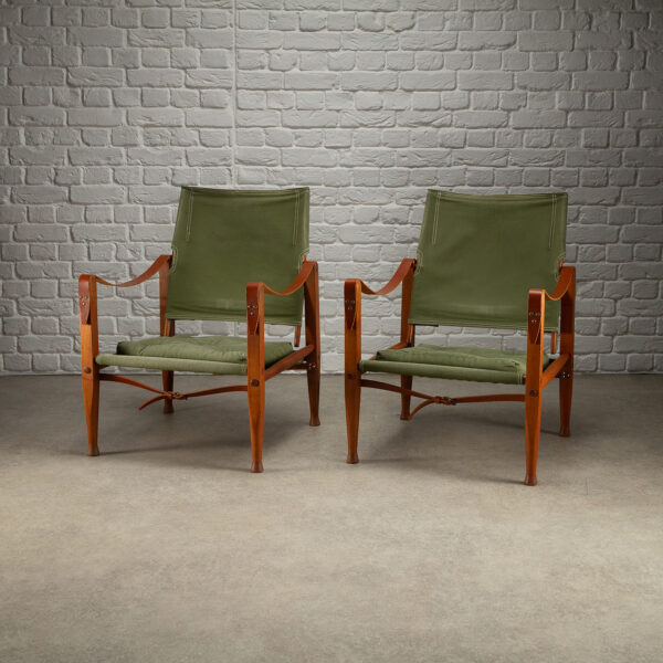 Pair of Kaare Klint Safari Chair Sage Green Canvas, Denmark 1960s - Image 2