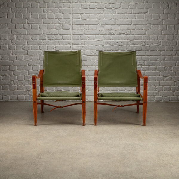 Pair of Kaare Klint Safari Chair Sage Green Canvas, Denmark 1960s - Image 3