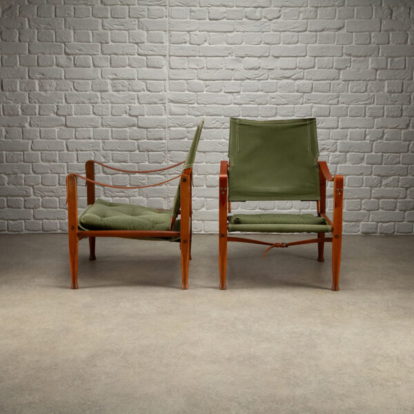 Pair of Kaare Klint Safari Chair Sage Green Canvas, Denmark 1960s - Image 4