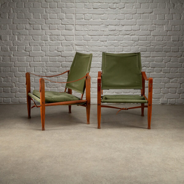 Pair of Kaare Klint Safari Chair Sage Green Canvas, Denmark 1960s - Image 5