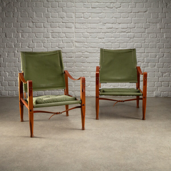Pair of Kaare Klint Safari Chair Sage Green Canvas, Denmark 1960s - Image 6