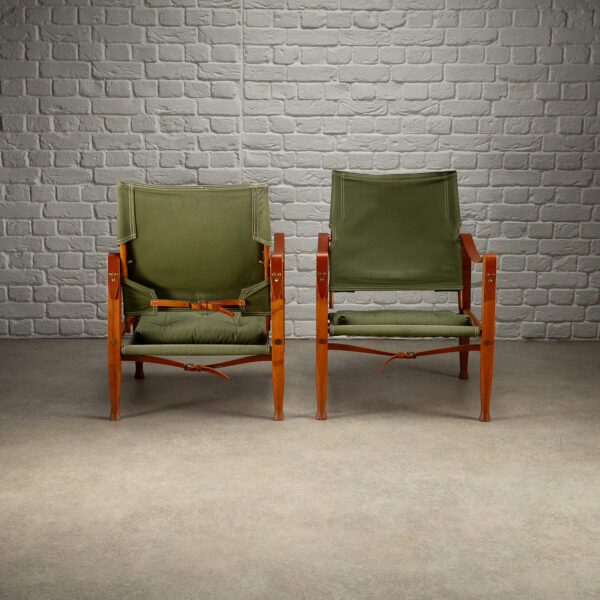 Pair of Kaare Klint Safari Chair Sage Green Canvas, Denmark 1960s - Image 7